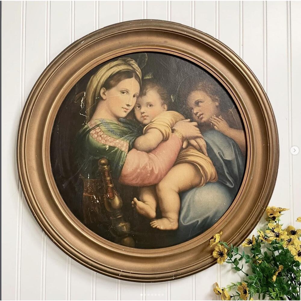 Antique Raphael's Madonna of the Chair della Sedia Print Round Chippy Frame